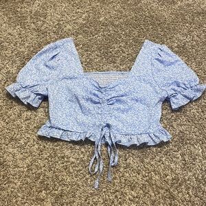 SHEIN women’s baby doll top with smocked back and ruffle trim, light blue, NWOT